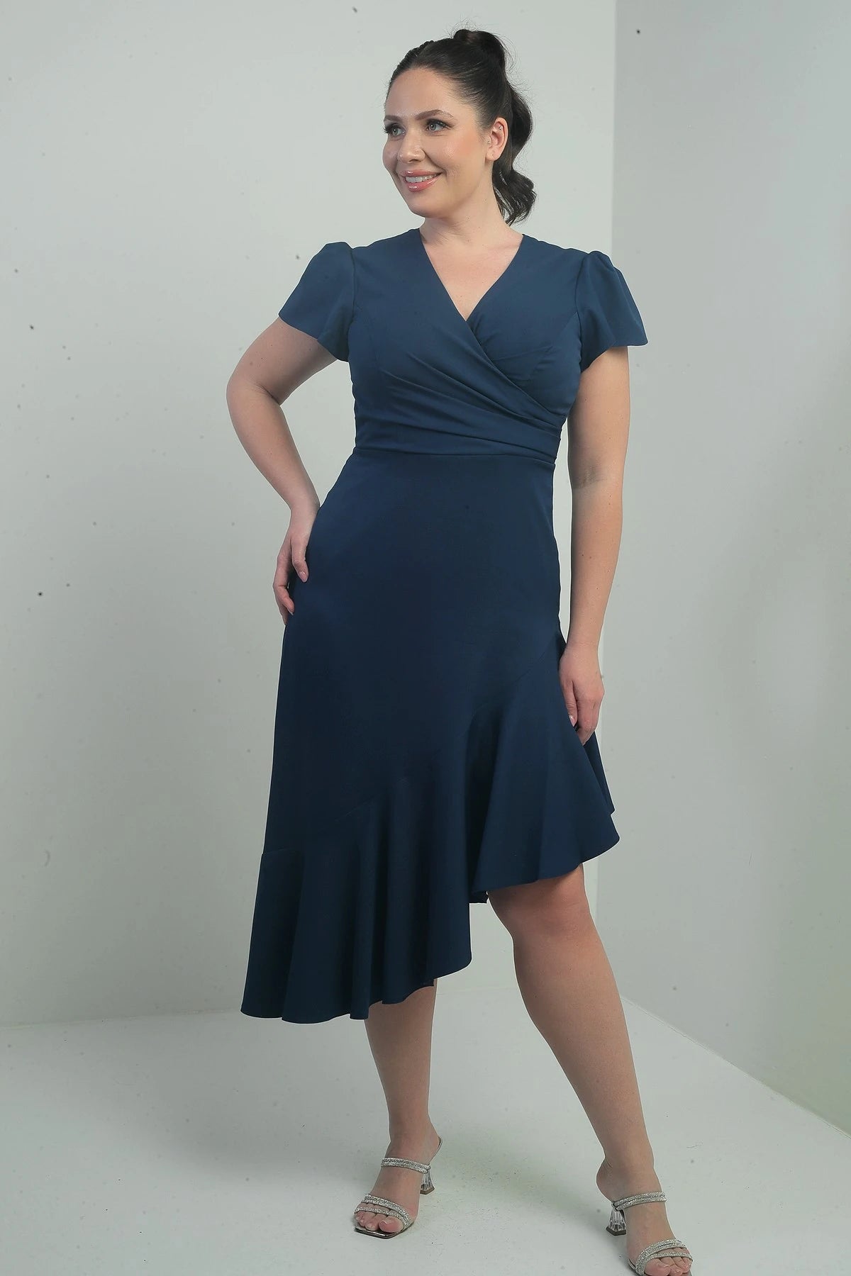 Image of Women's Wrap Neckline Draped Front Lined Ruffled Skirt Plus Size Crepe Dress