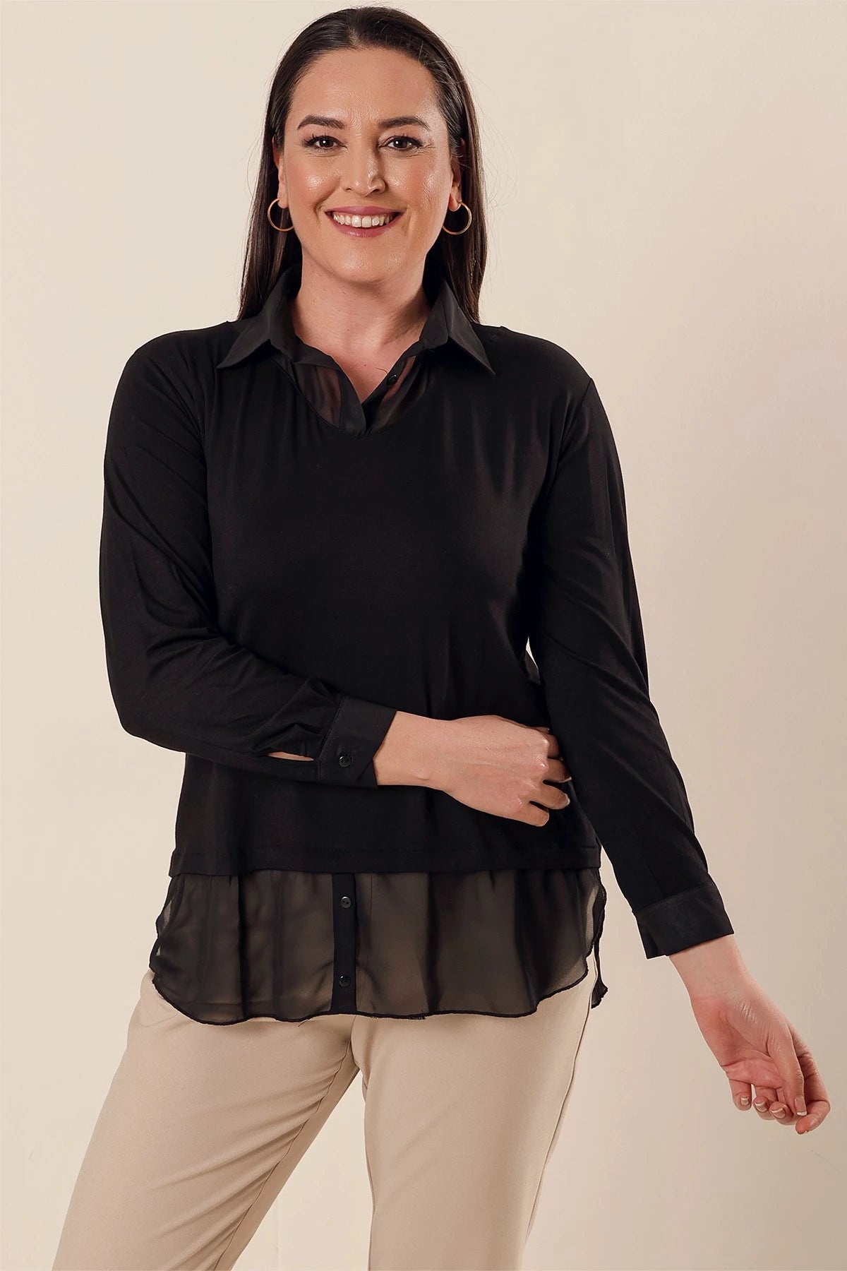 Image of Chiffon Detail Shirt Collar Relaxed Fit Plus Size Blouse