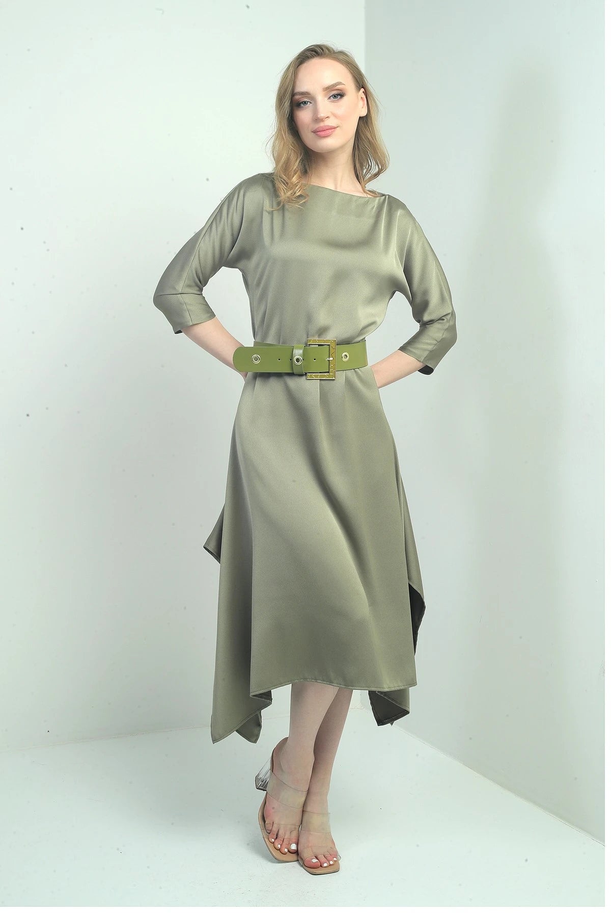Image of Women's Quarter Sleeve Asymmetrical Crepe Satin Midi Dress with Belted Waist