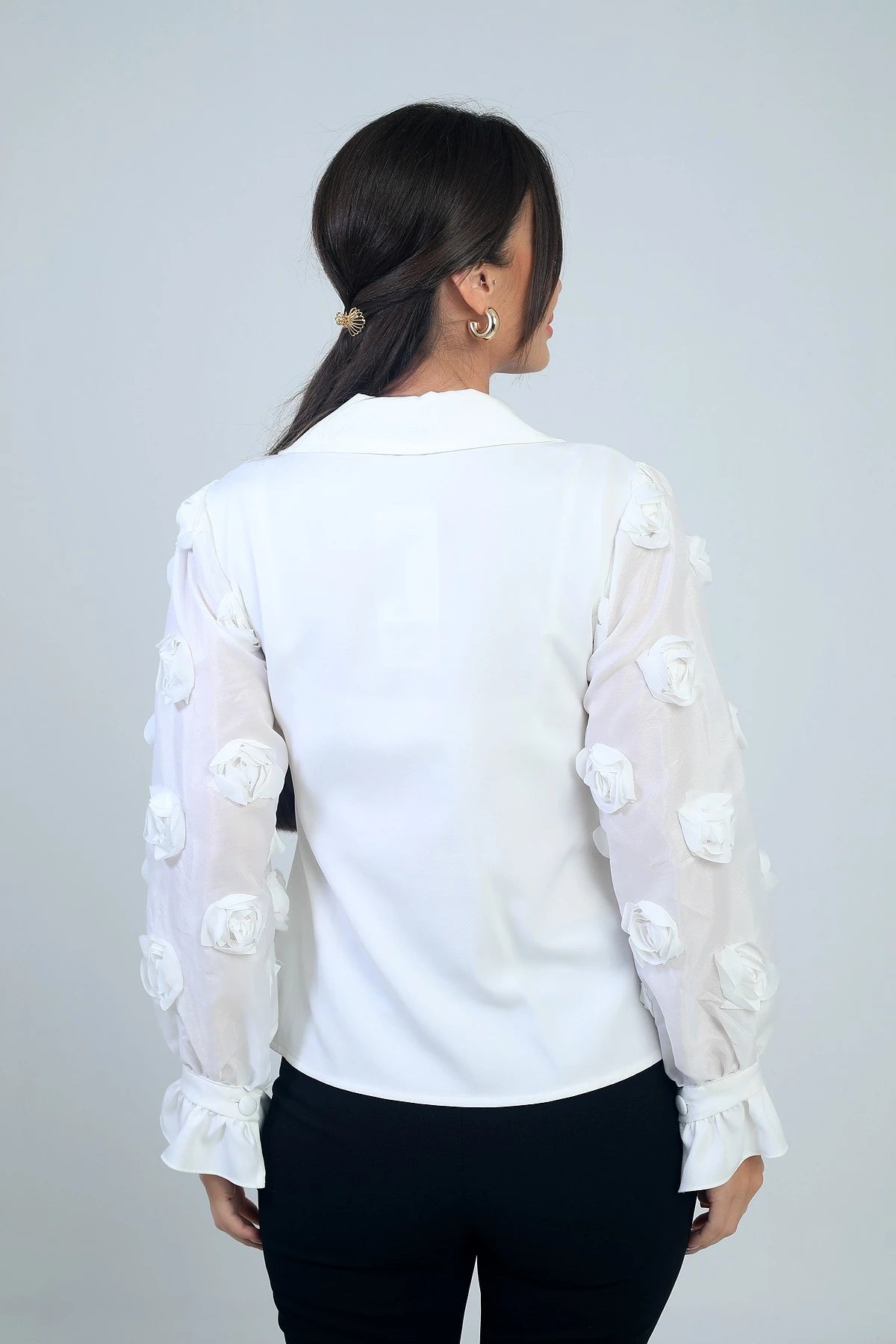 Image of Women's Button-Front Organza Sleeved Blouse with 3D Floral Design