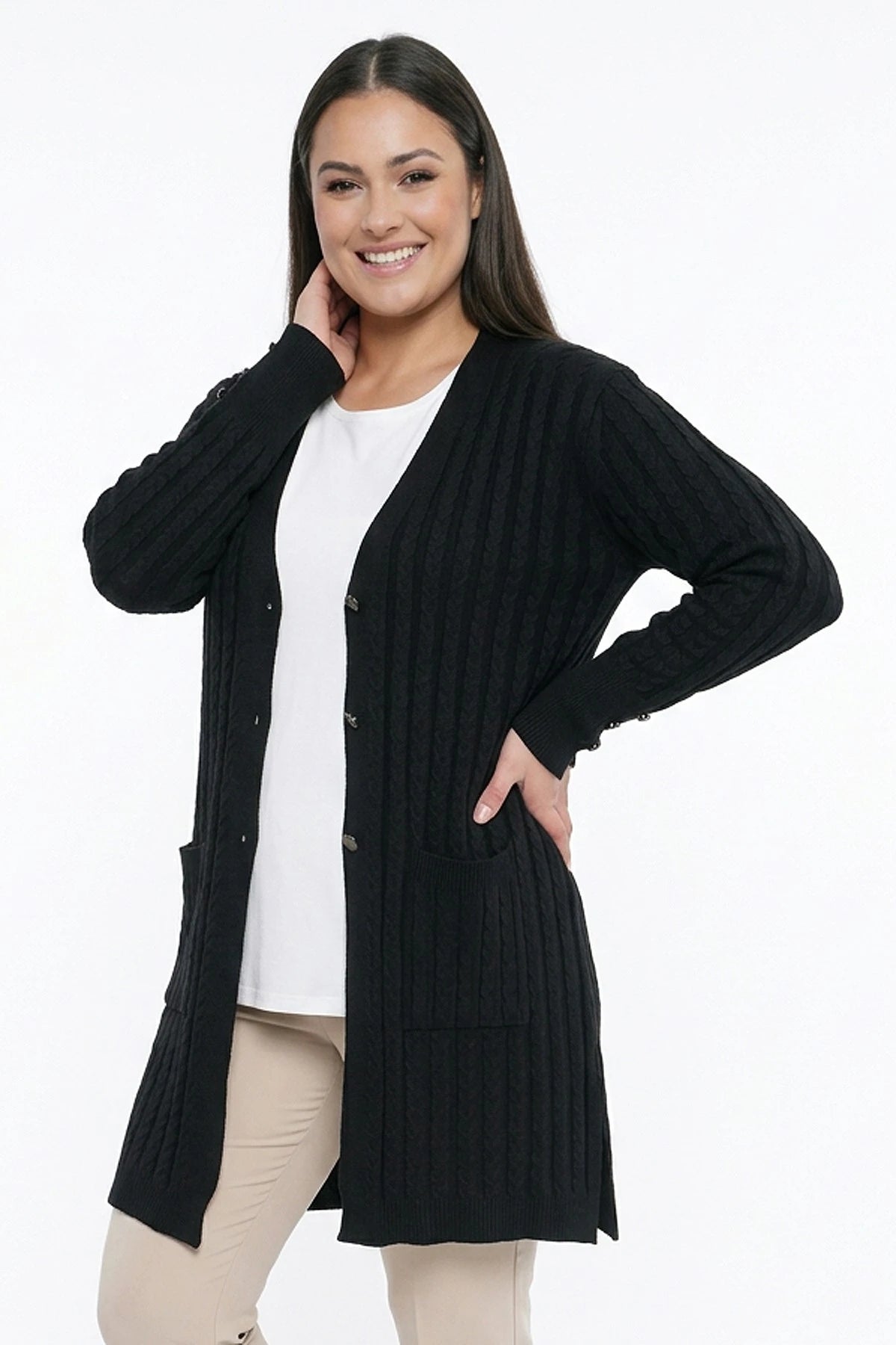 Image of Women's Cable Knit Mercerized Lycra Plus Size Cardigan