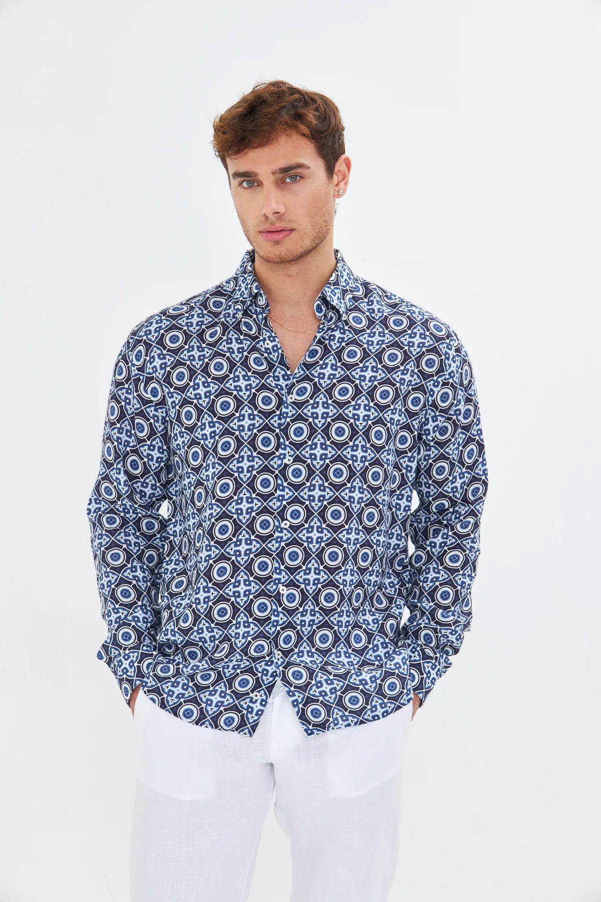 Image of Ethnic Pattern Men's Linen Shirt