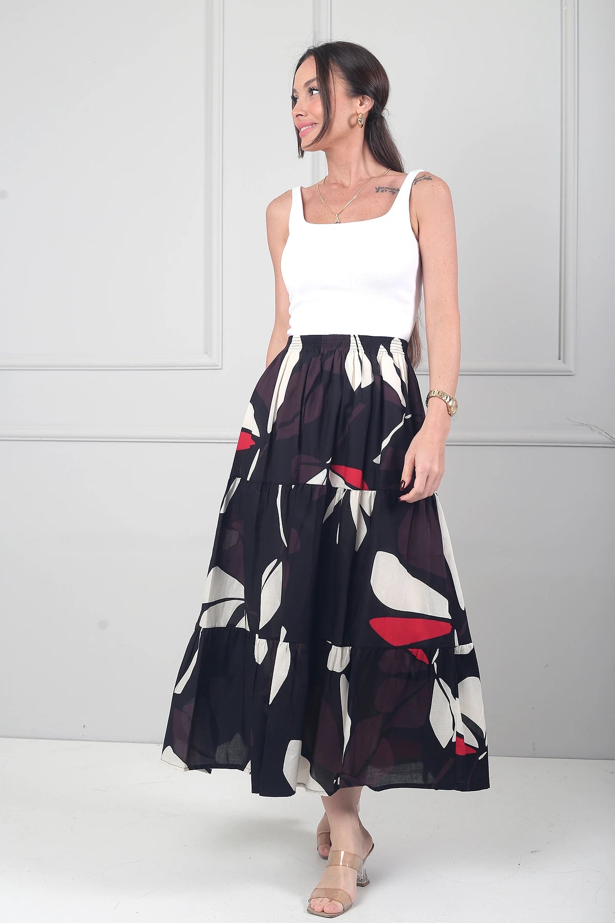 Image of Kadın Beli Lastikli Astarlı Çiçek Desenli Fırfırlı Midi Cotton Etek