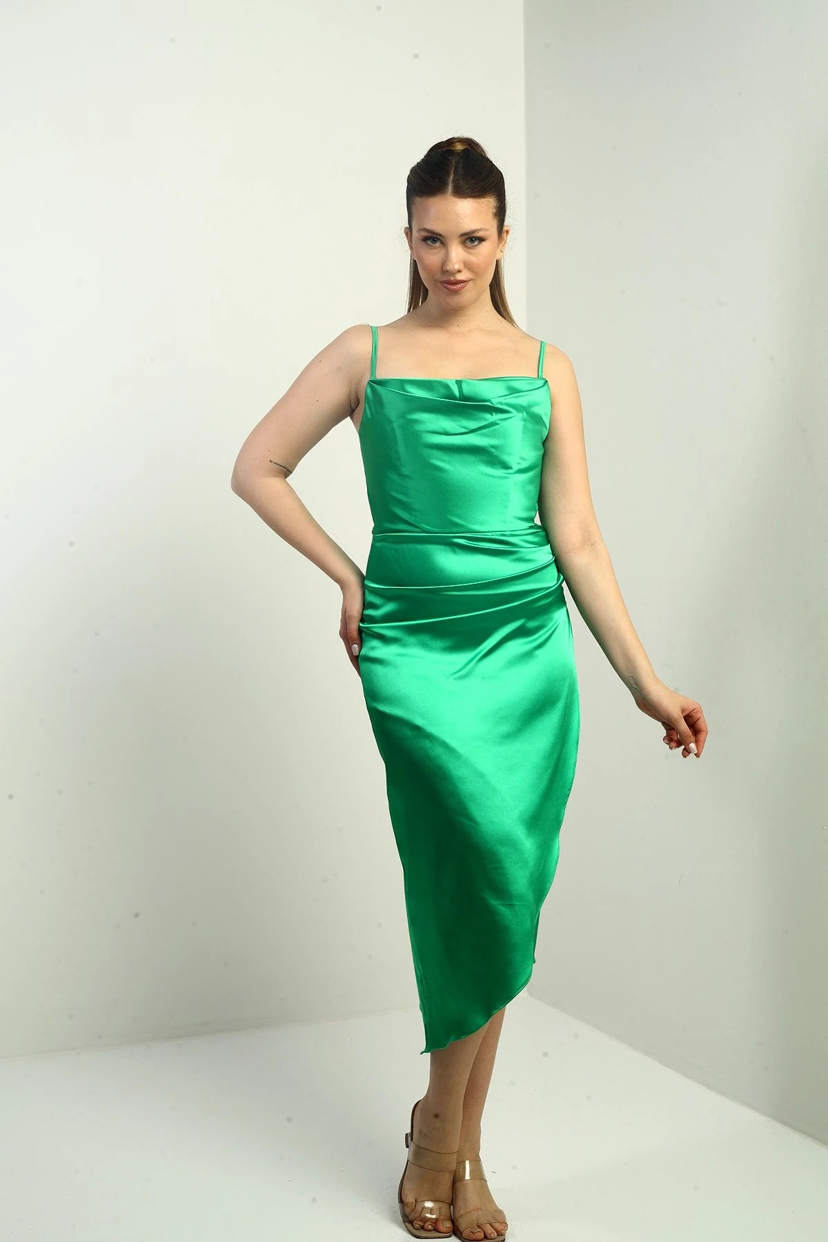 Image of Women's Strappy Draped Lined Asymmetrical Midi Dress
