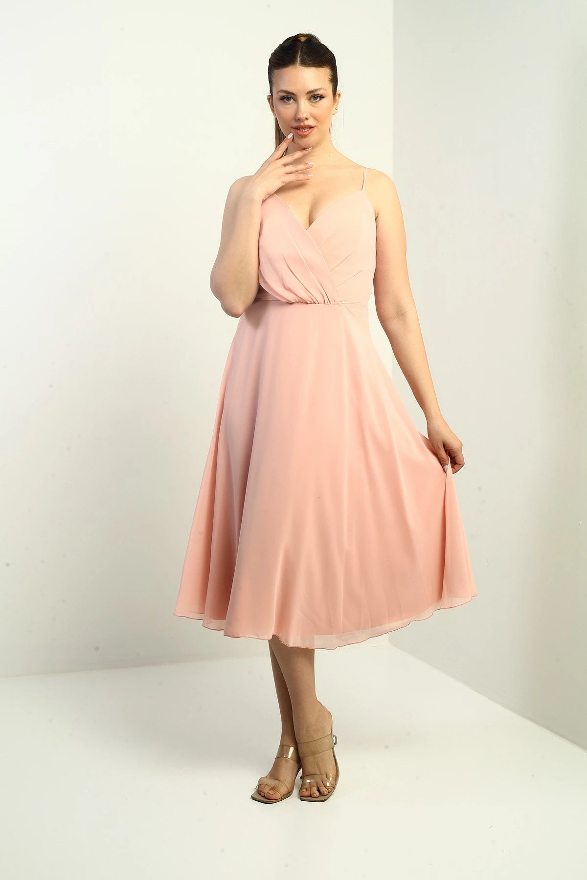 Image of Women's Strappy Wrap Neckline Lined Lace-Up Back Flared Chiffon Dress