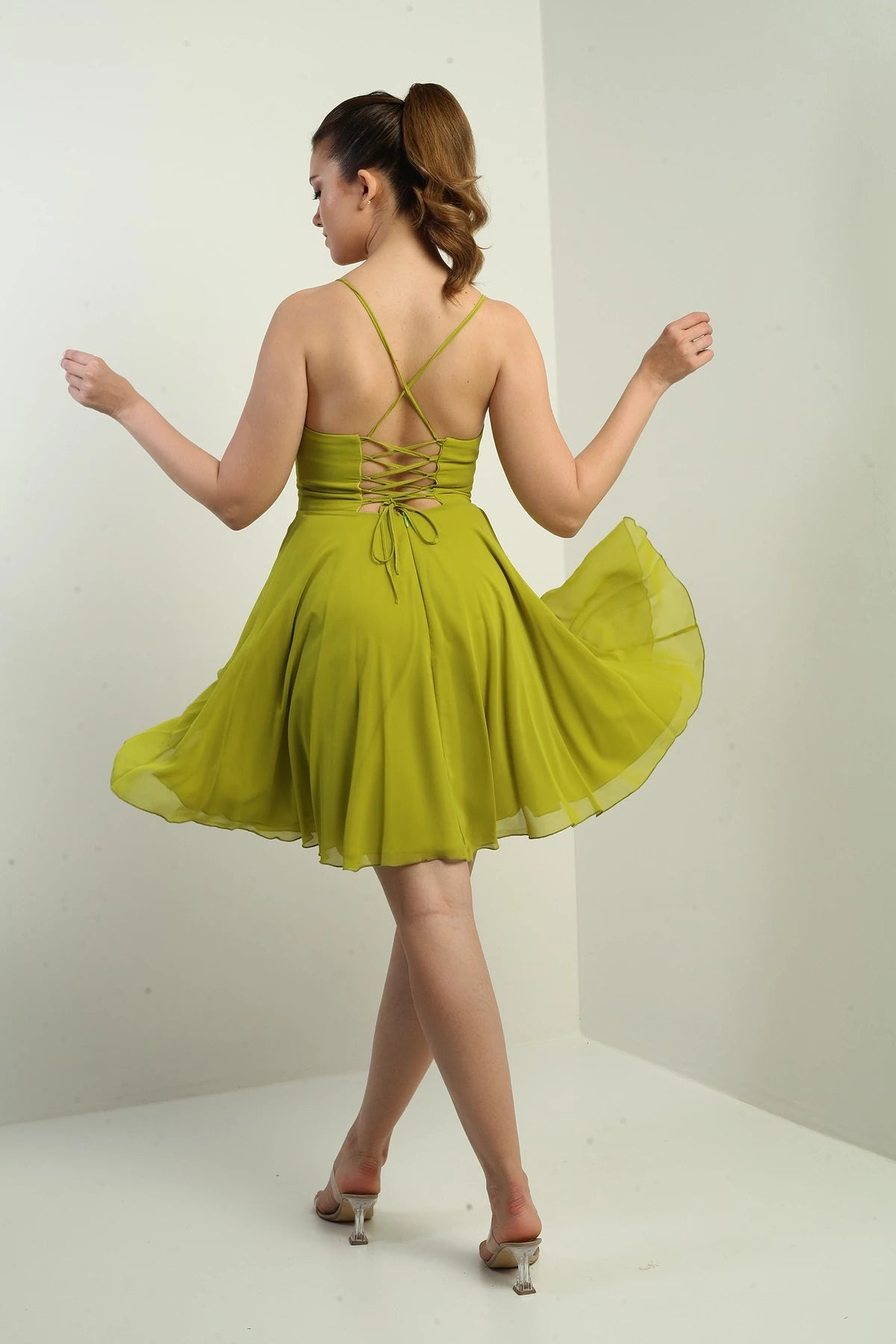 Image of Women's Strappy, Back-Tie, Front-Opening, Lined Chiffon Short Flared Dress