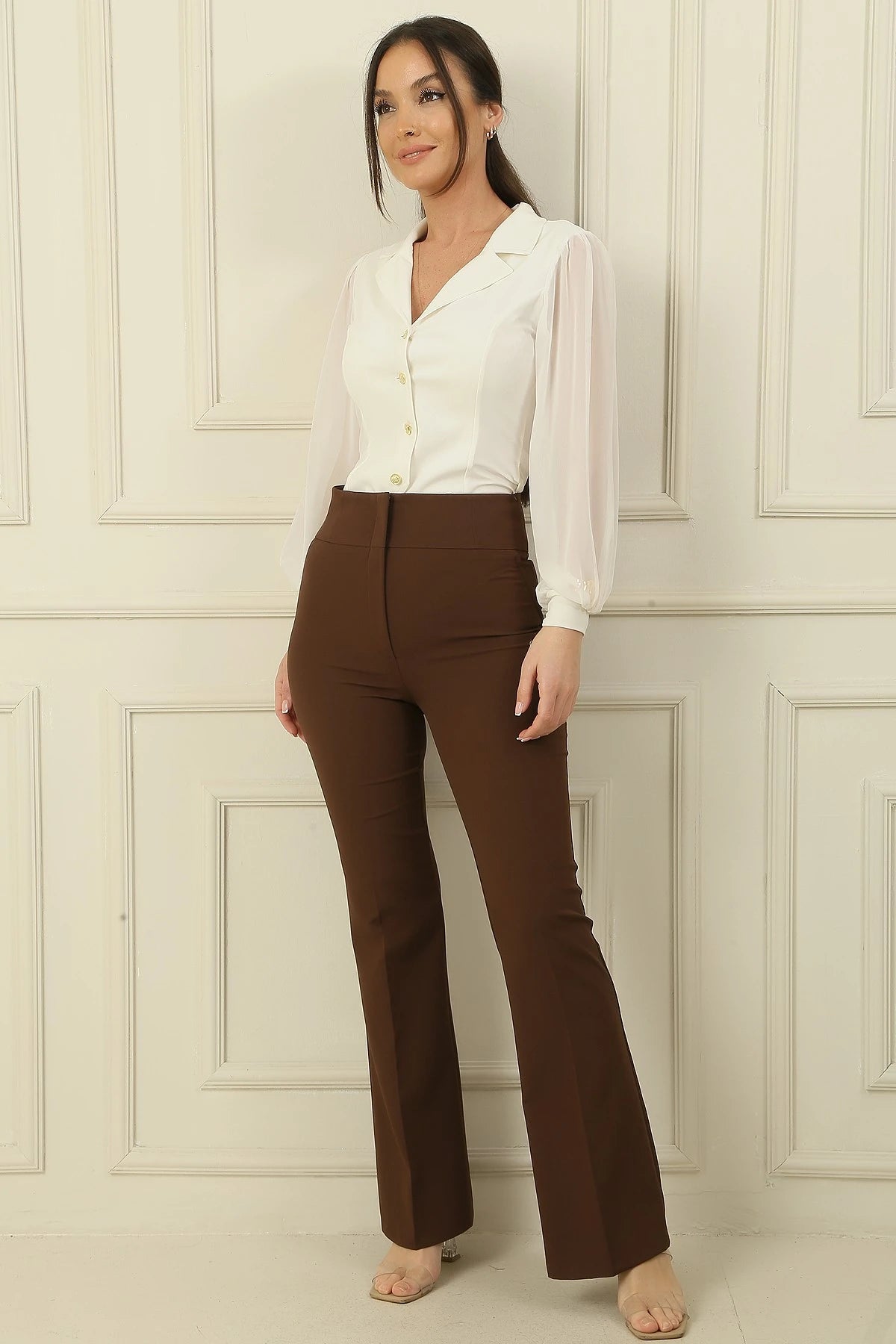Image of Pantaloni largi, elastici, în stil spaniol, cu talie înaltă și buzunare