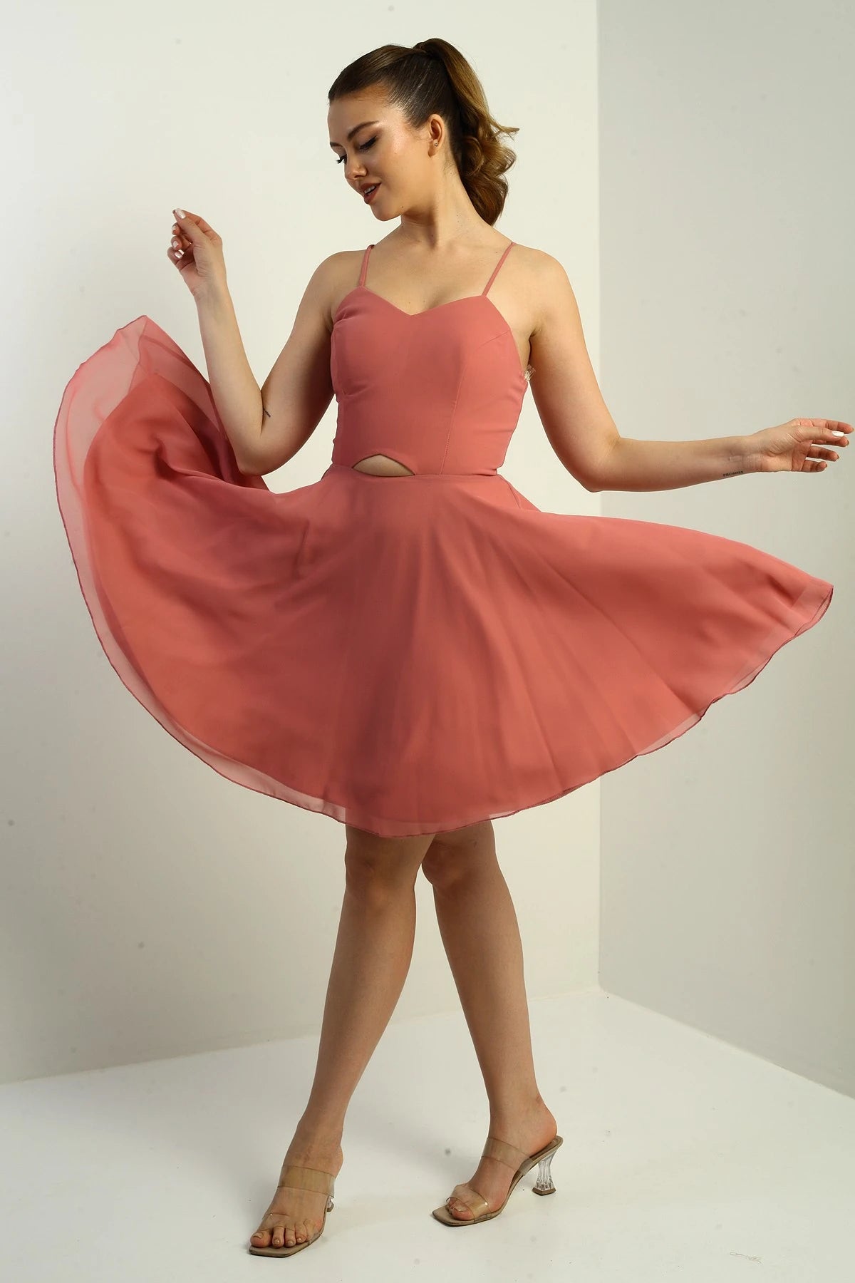 Image of Women's Strappy, Back-Tie, Front-Opening, Lined Chiffon Short Flared Dress