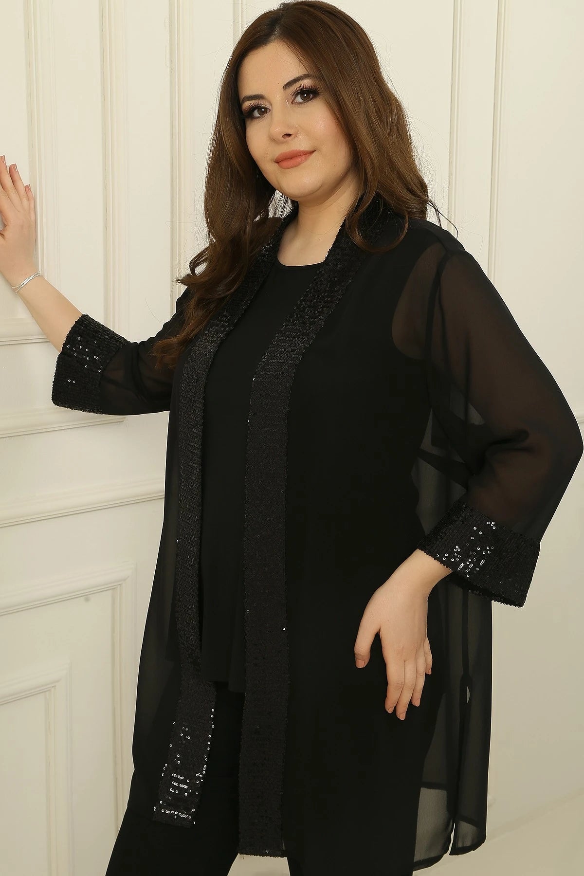 Image of Shawl Collar Sequin Detail Chiffon Jacket and Sleeveless Blouse Set, Plus Size, 2-Piece
