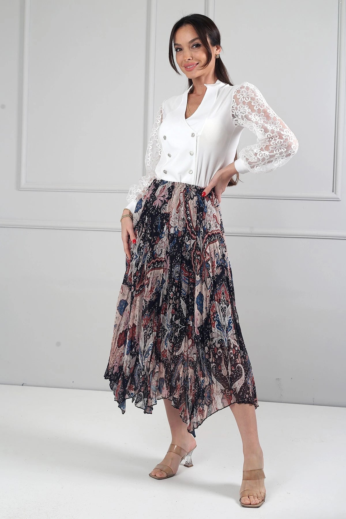Image of Women's Elastic Waist Lined Shawl Patterned Triangle Midi Skirt