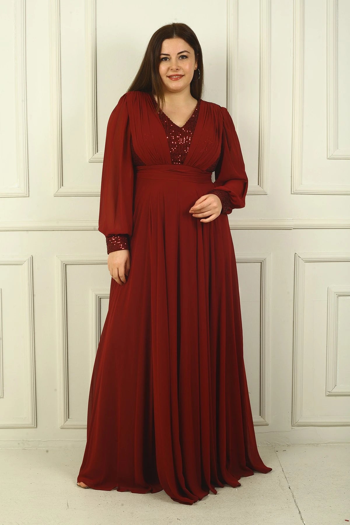 Image of Women's Front and Back V-Neck Sequined Lined Plus Size Long Chiffon Evening Dress