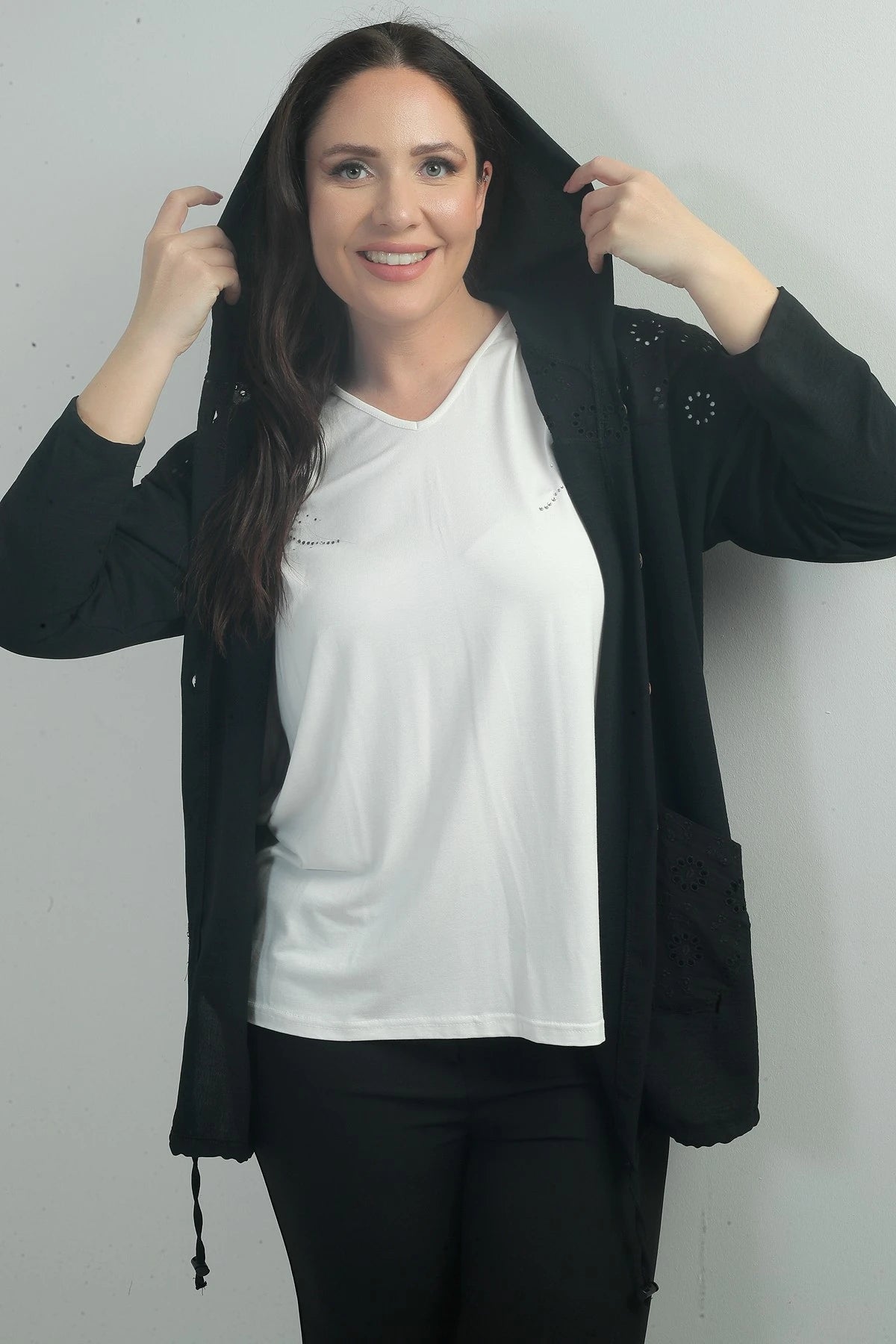 Image of Women's Hooded, Button-Front, Pocketed, Ruffled Plus Size Cardigan