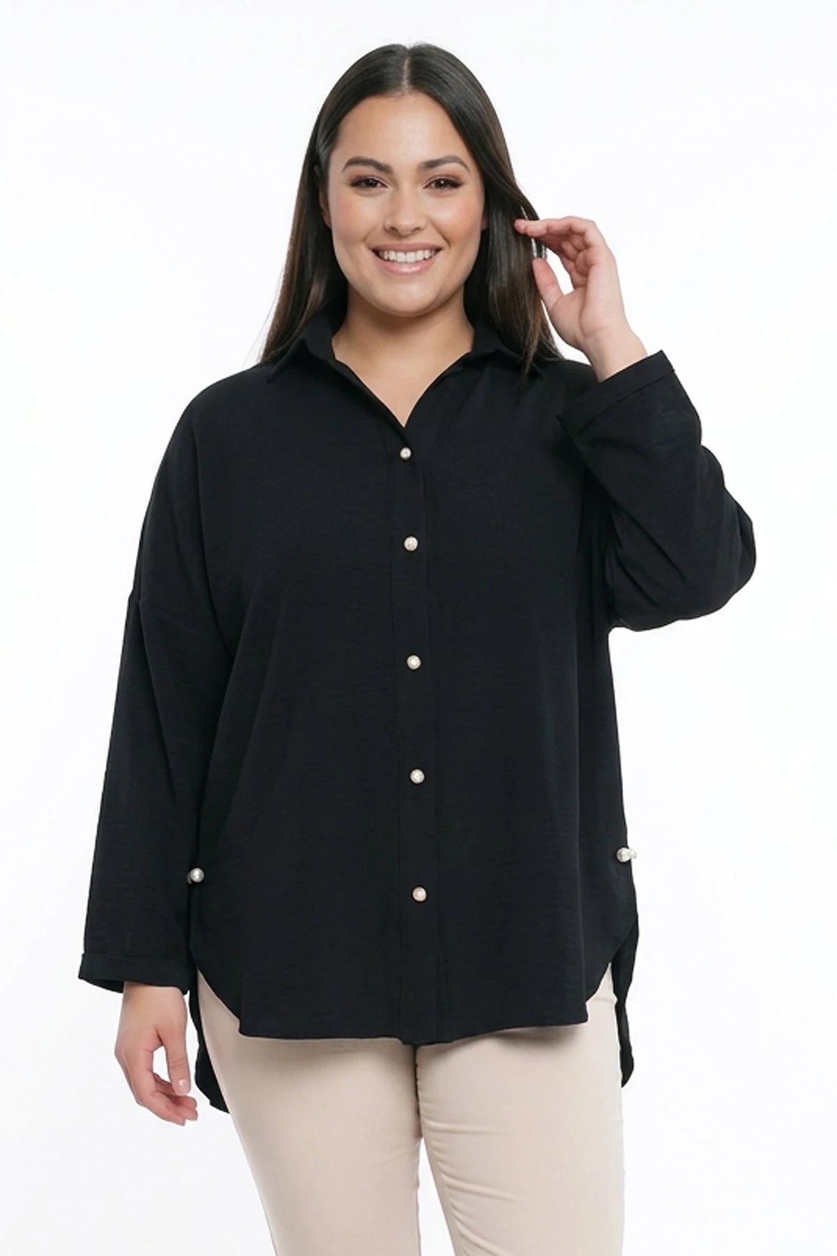 Image of Women's Plus Size Ayrobin Lycra Shirt with Pearl Details