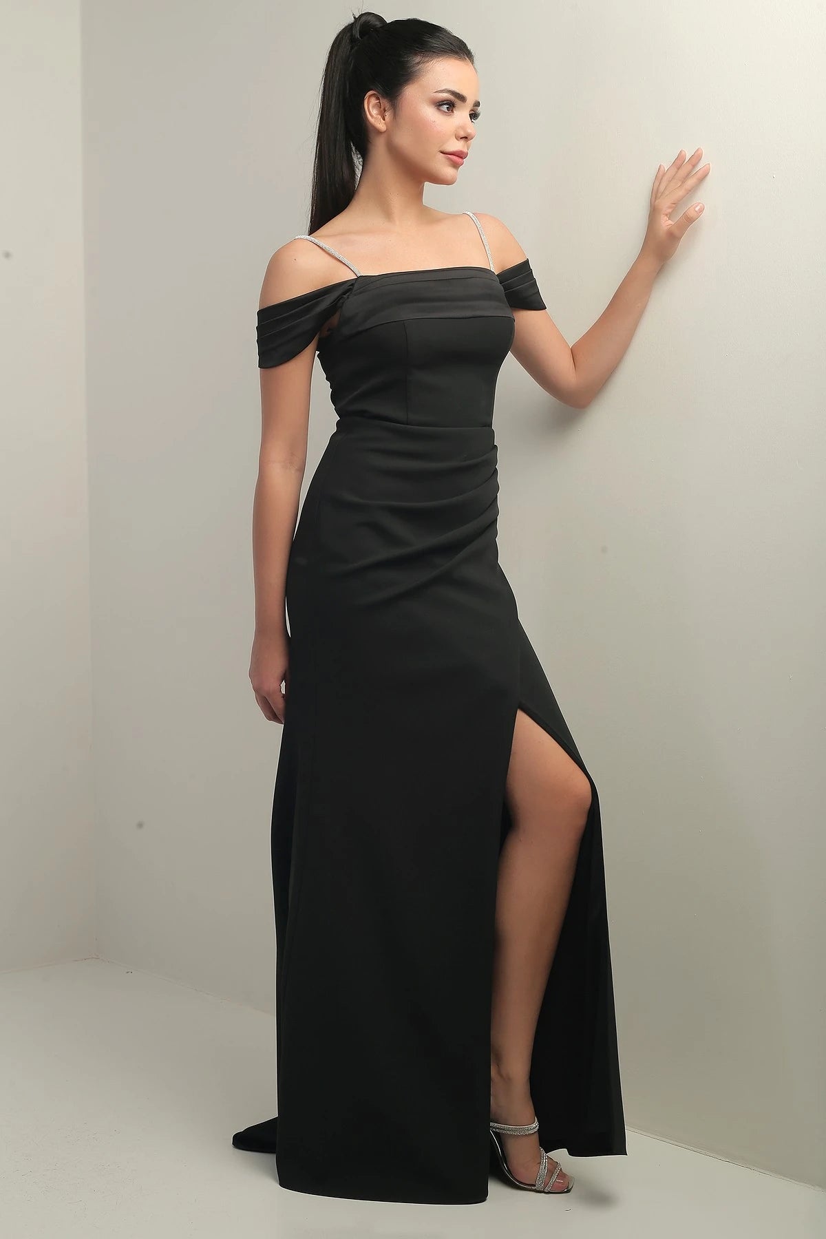 Image of Women's Embellished Thin Strap, Dropped Sleeve Satin Madonna Neckline Lined Draped Double Fishtail Dress