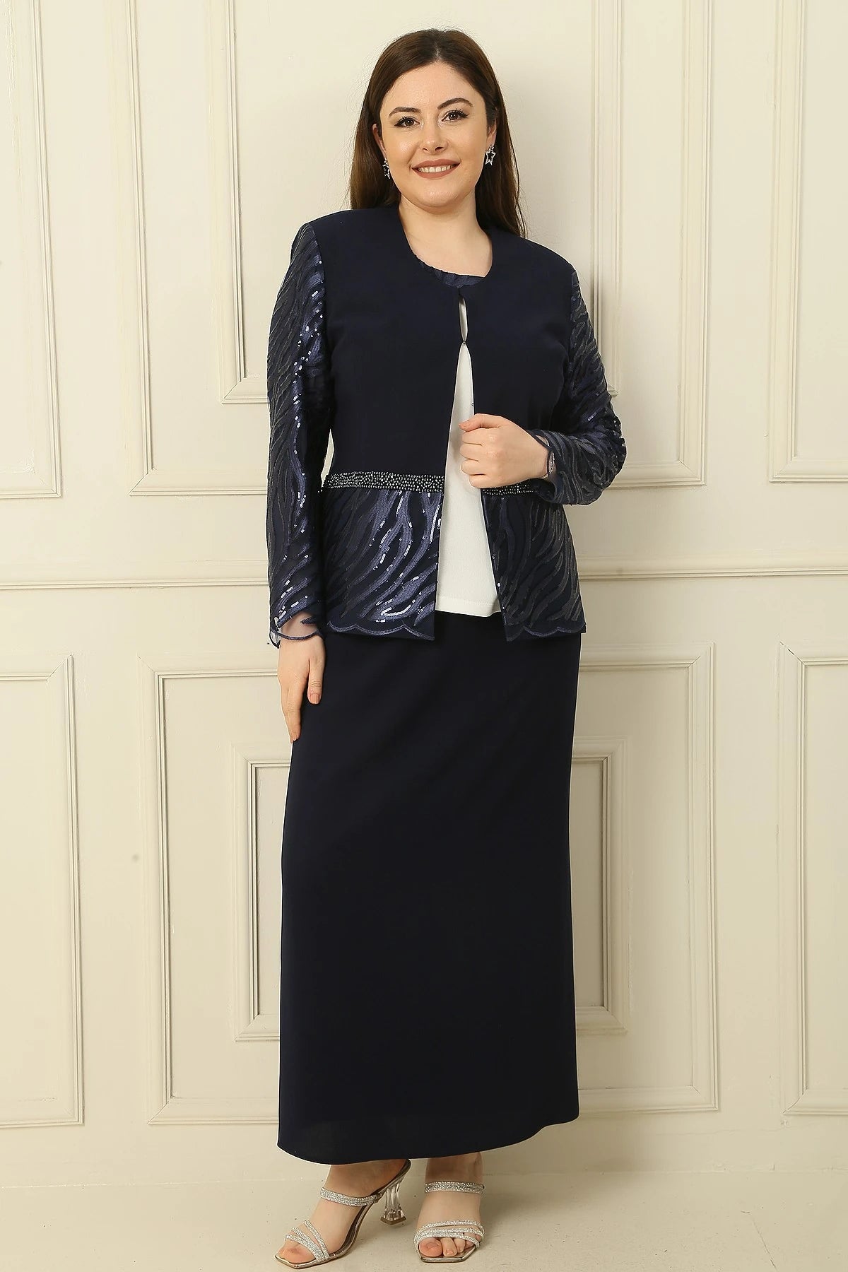 Image of Three-Piece Set: Half-Moon Sleeve Blouse, Sequin Embroidered Jacket and Skirt with Bead Details, Lined, Plus Size.