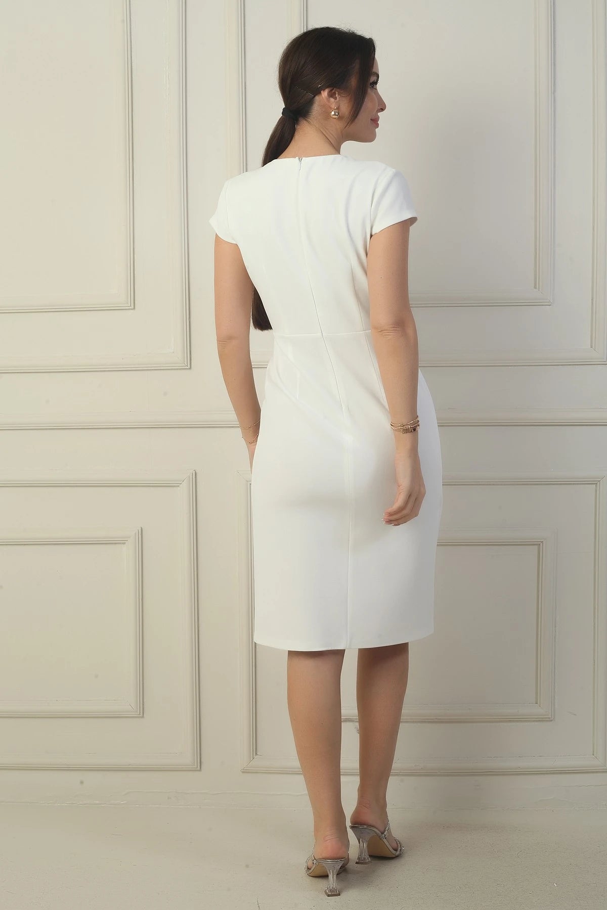 Image of Women's Wrap Neck Half-Moon Sleeve Embellished Front Slit BB Dress