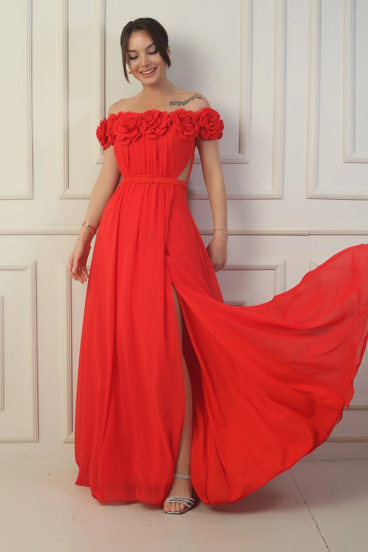 Image of Women's Long Chiffon Dress with Laser-Cut Floral Neckline and Lining, Belted Waist