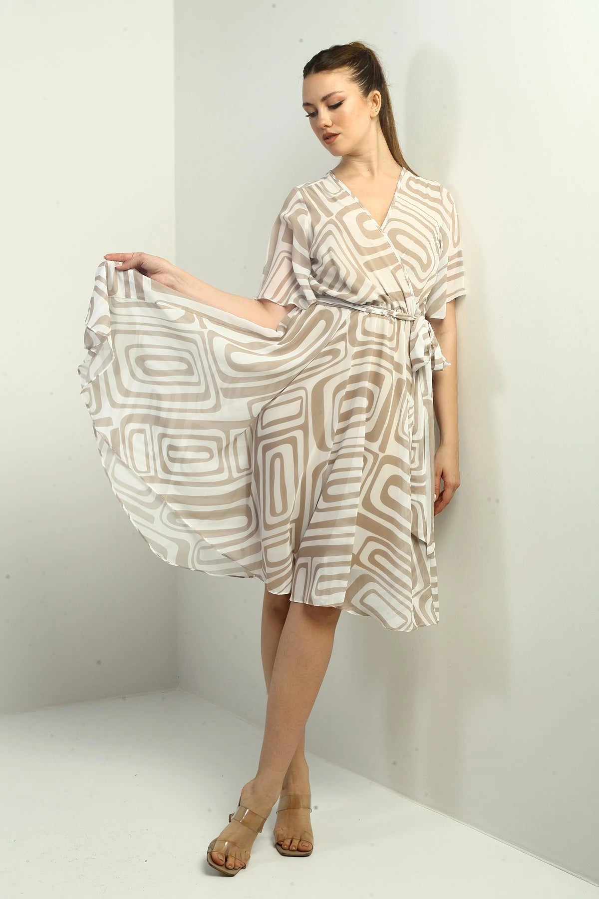Image of Women's Wrap Neckline Belted Lined Geometric Pattern Chiffon Dress