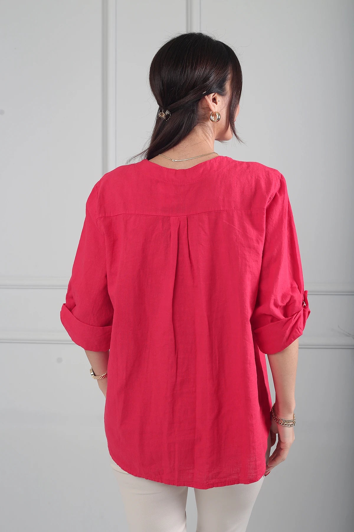 Image of Kadın Düğme Detaylı İtalyan Cotton Oversize Bluz