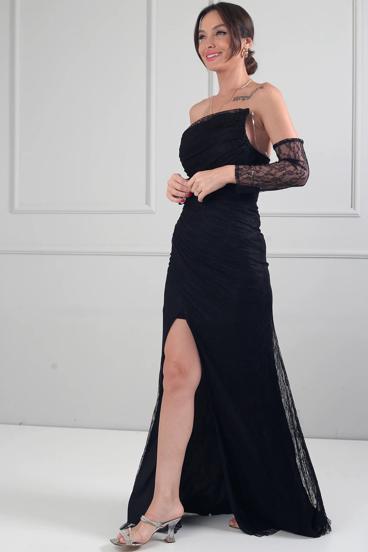 Image of Kadın 3 Parçalı Tasarım Abiye Straplez Önü Büzgülü Astarlı Uzun Elbise Dik Yaka Dantel Bluz