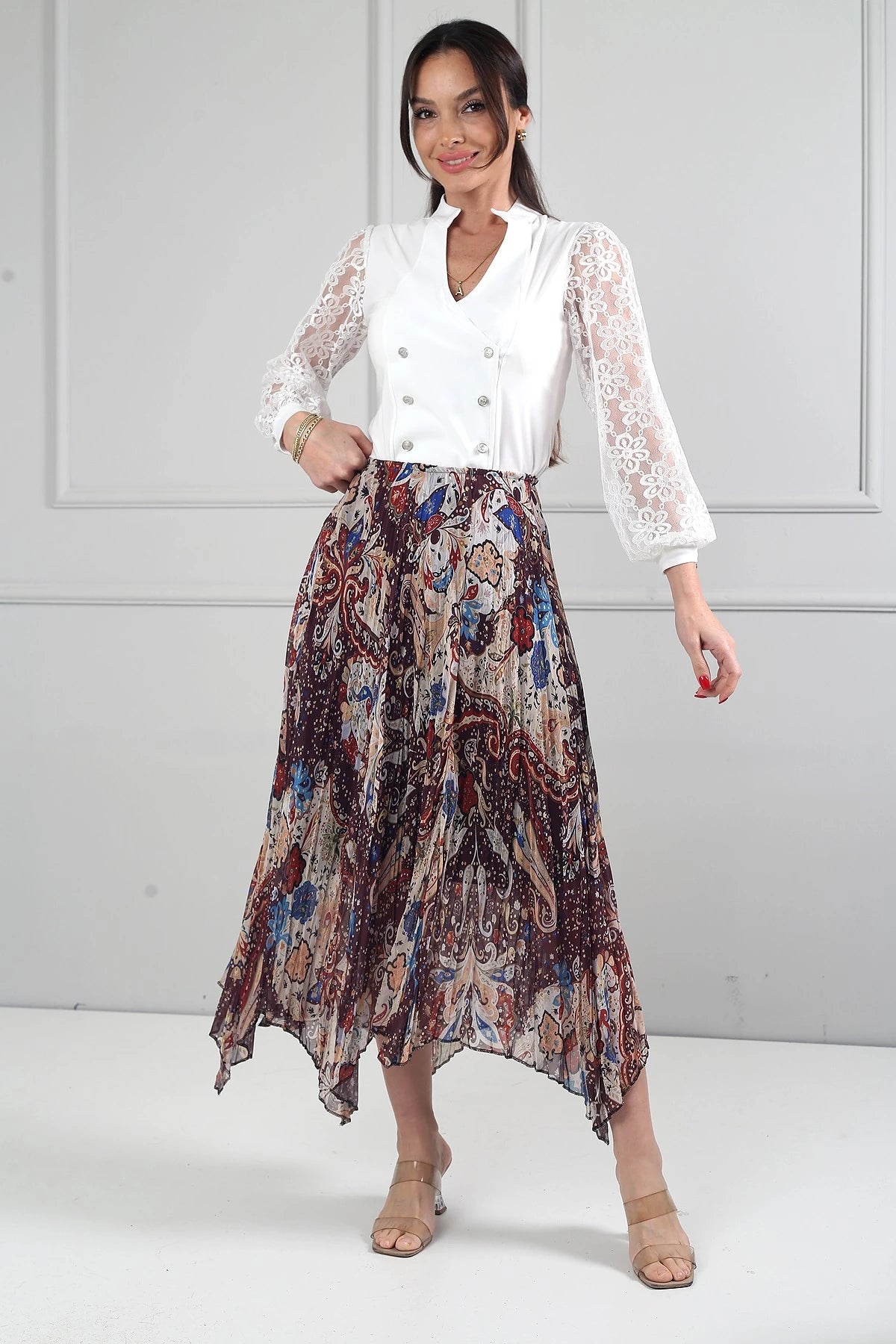 Image of Women's Elastic Waist Lined Shawl Patterned Triangle Midi Skirt