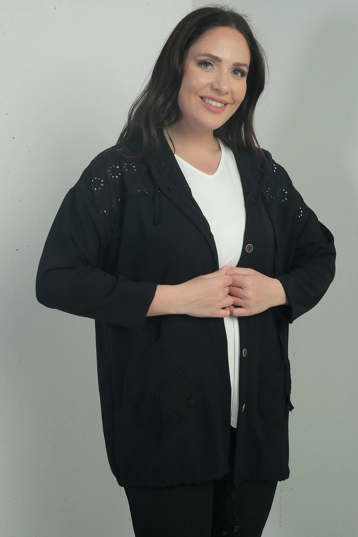 Image of Women's Hooded, Button-Front, Pocketed, Ruffled Plus Size Cardigan