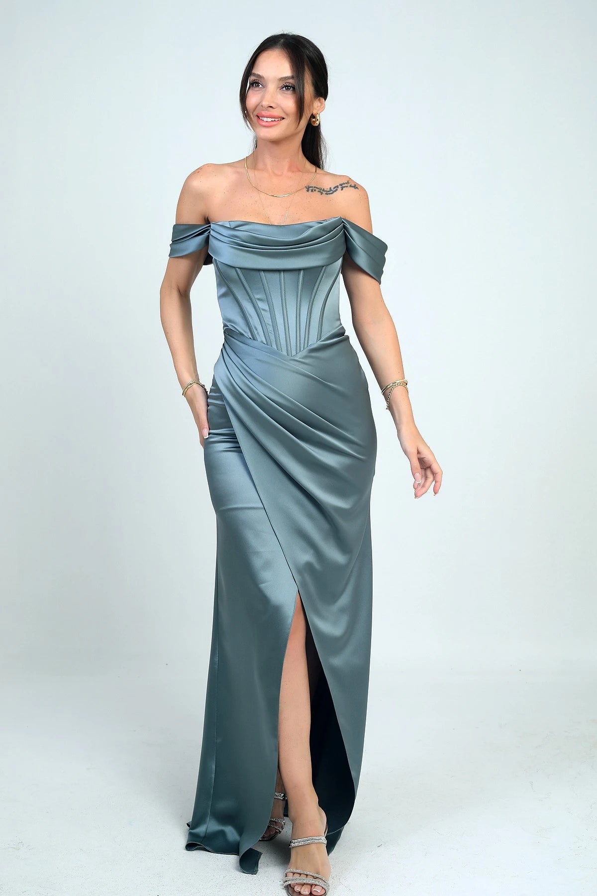 Image of Women's Strapless Low-Sleeve Lined Underwired Satin Long Dress
