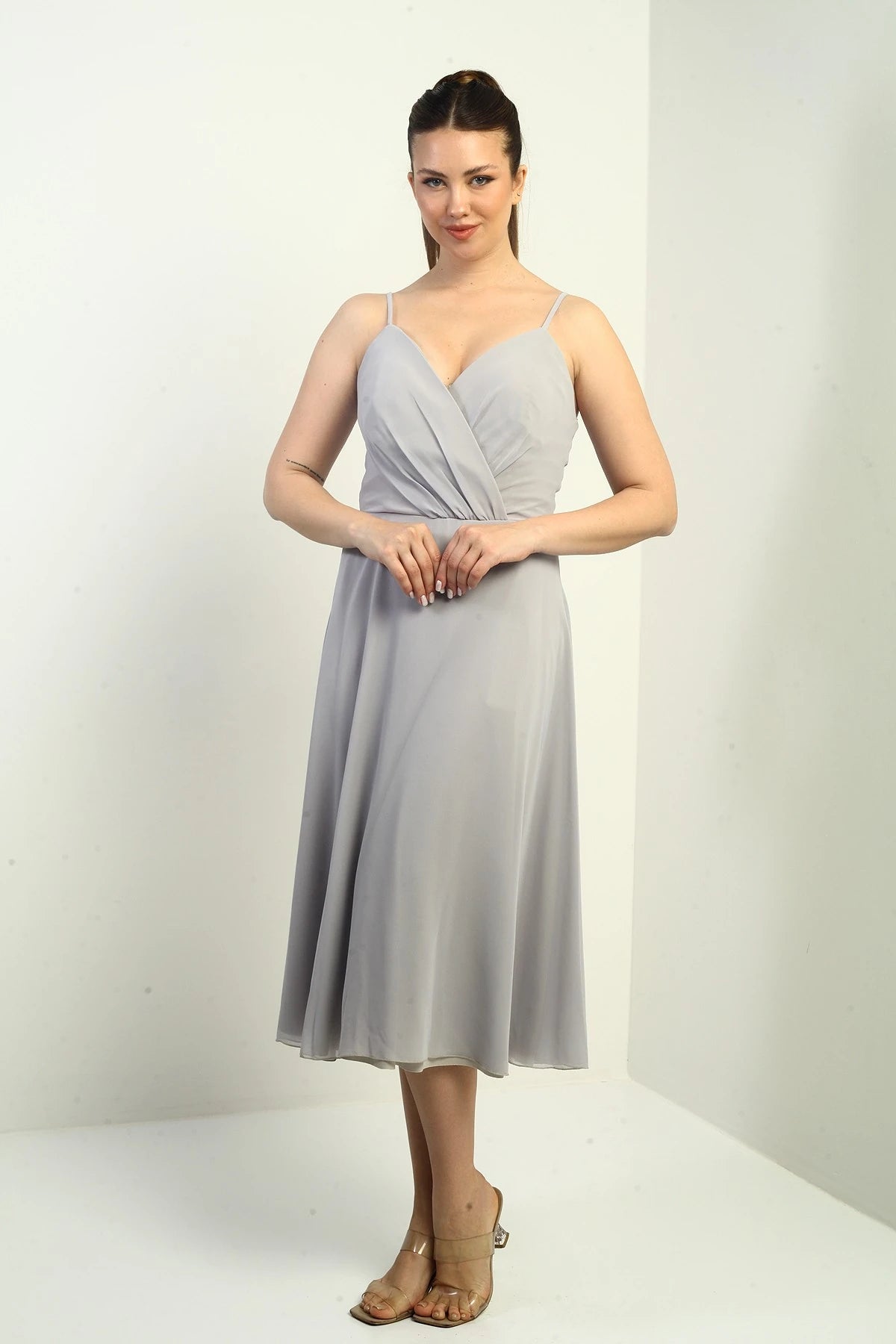 Image of Women's Strappy Wrap Neckline Lined Lace-Up Back Flared Chiffon Dress