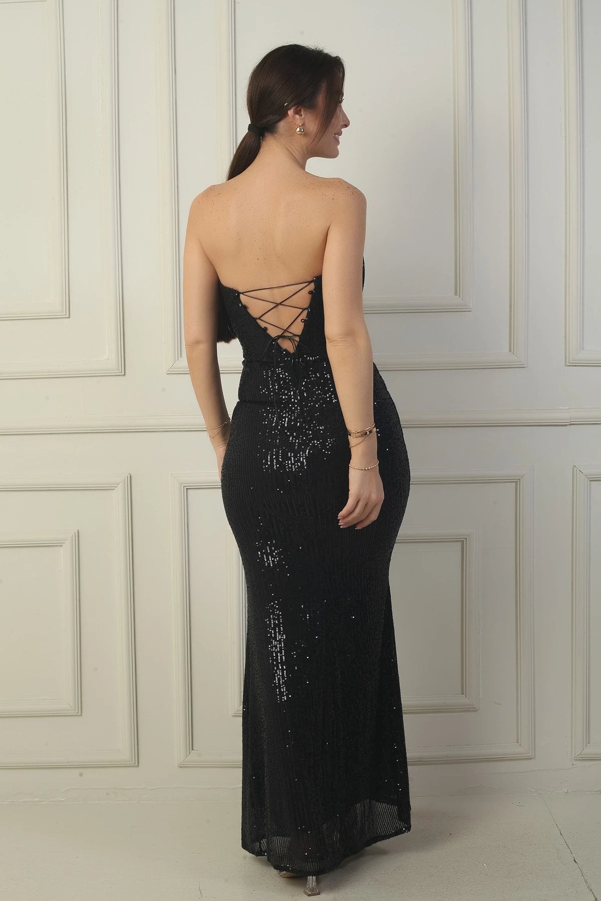 Image of Women's Strapless Underwired Back Lace-up Lined Slit Sequin Long Dress