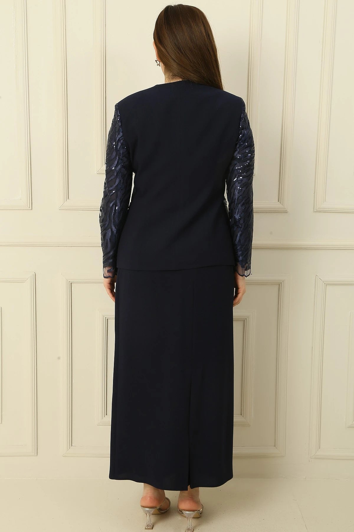 Image of Three-Piece Set: Half-Moon Sleeve Blouse, Sequin Embroidered Jacket and Skirt with Bead Details, Lined, Plus Size.