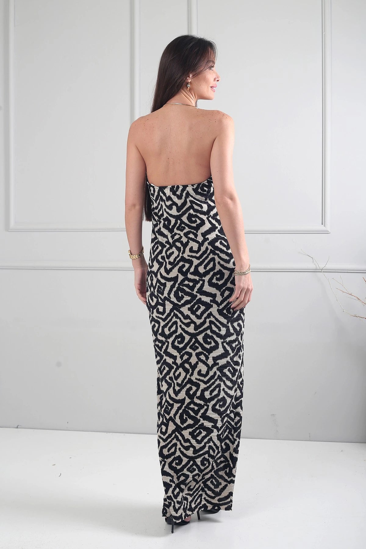 Image of Rochie lungă pentru femei cu accesoriu pentru guler, căptușită, cu model și material Lycra