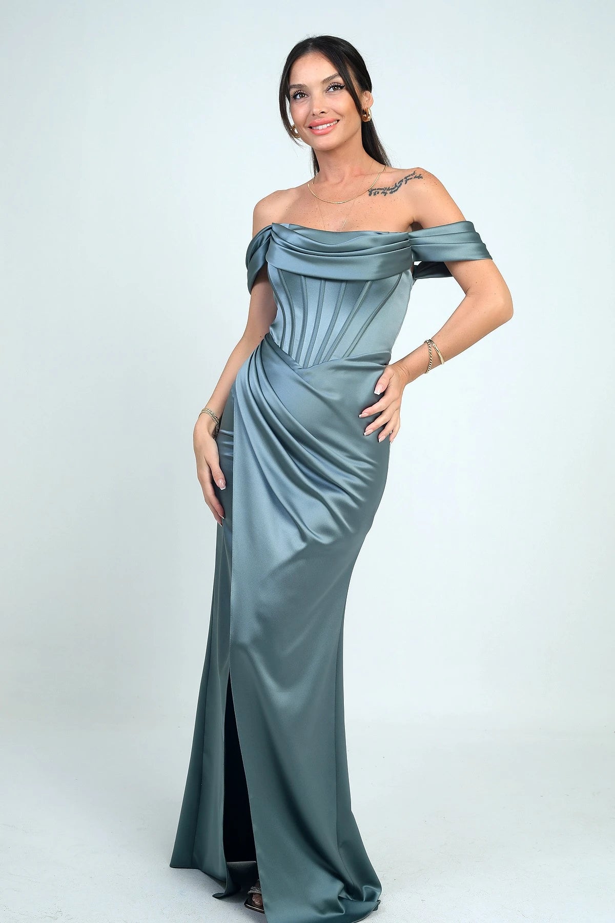 Image of Women's Strapless Low-Sleeve Lined Underwired Satin Long Dress