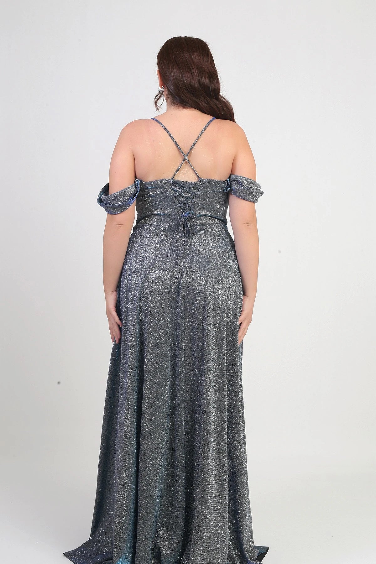 Image of Women's Strappy, Back Lace-Up, Bust Draped, Lined, Underwired, Plus Size Glitter Dress