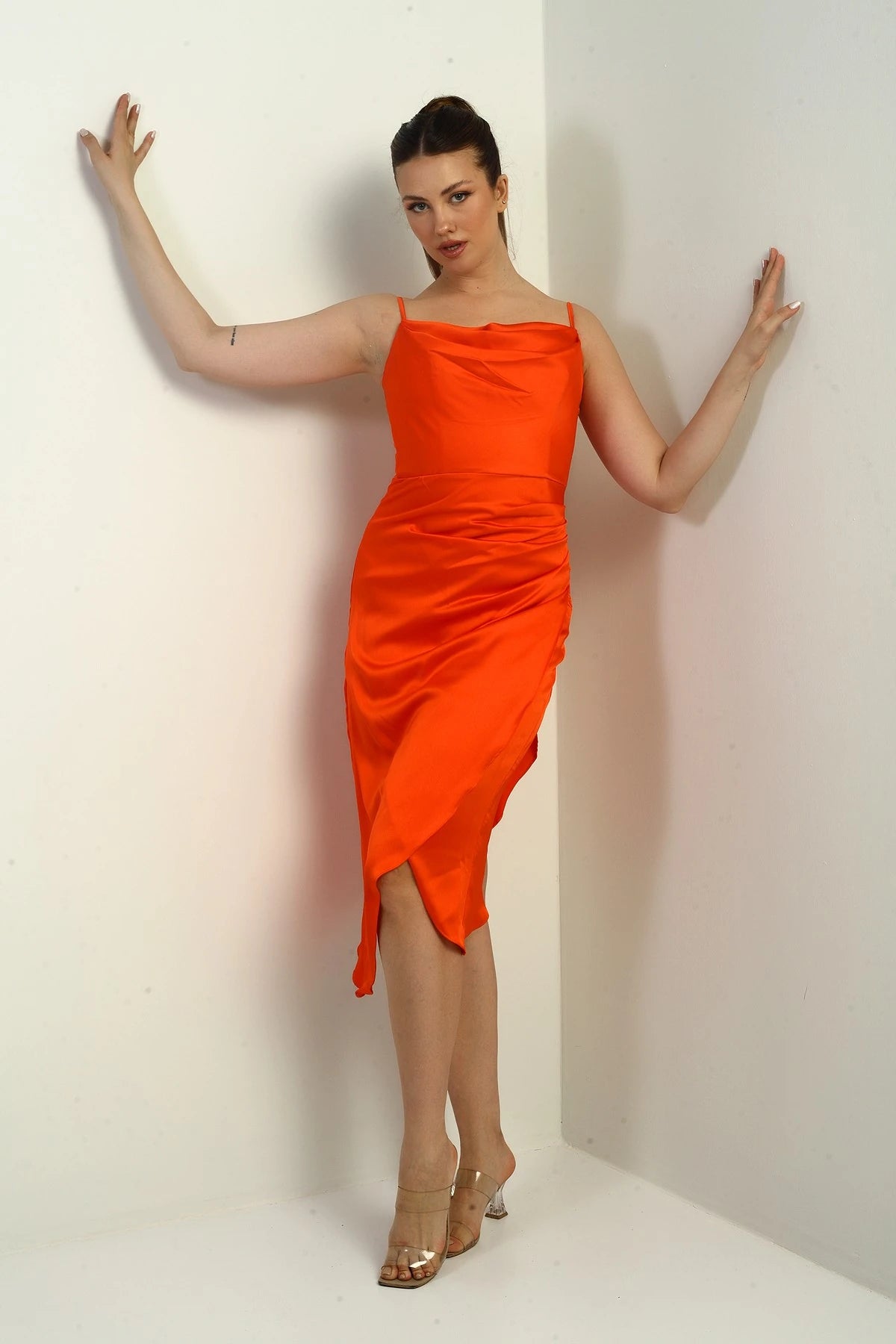 Image of Women's Strappy Draped Lined Asymmetrical Midi Dress
