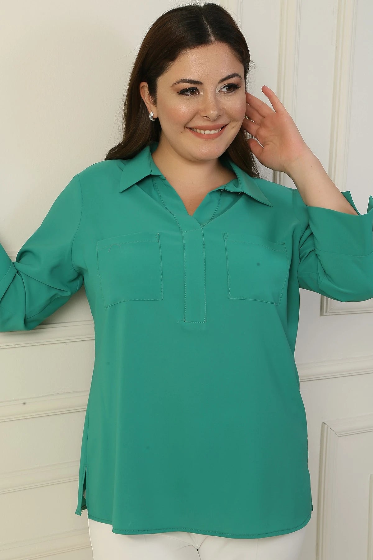 Image of Polo Collar Pocketed Quarter Sleeve BB Blouse