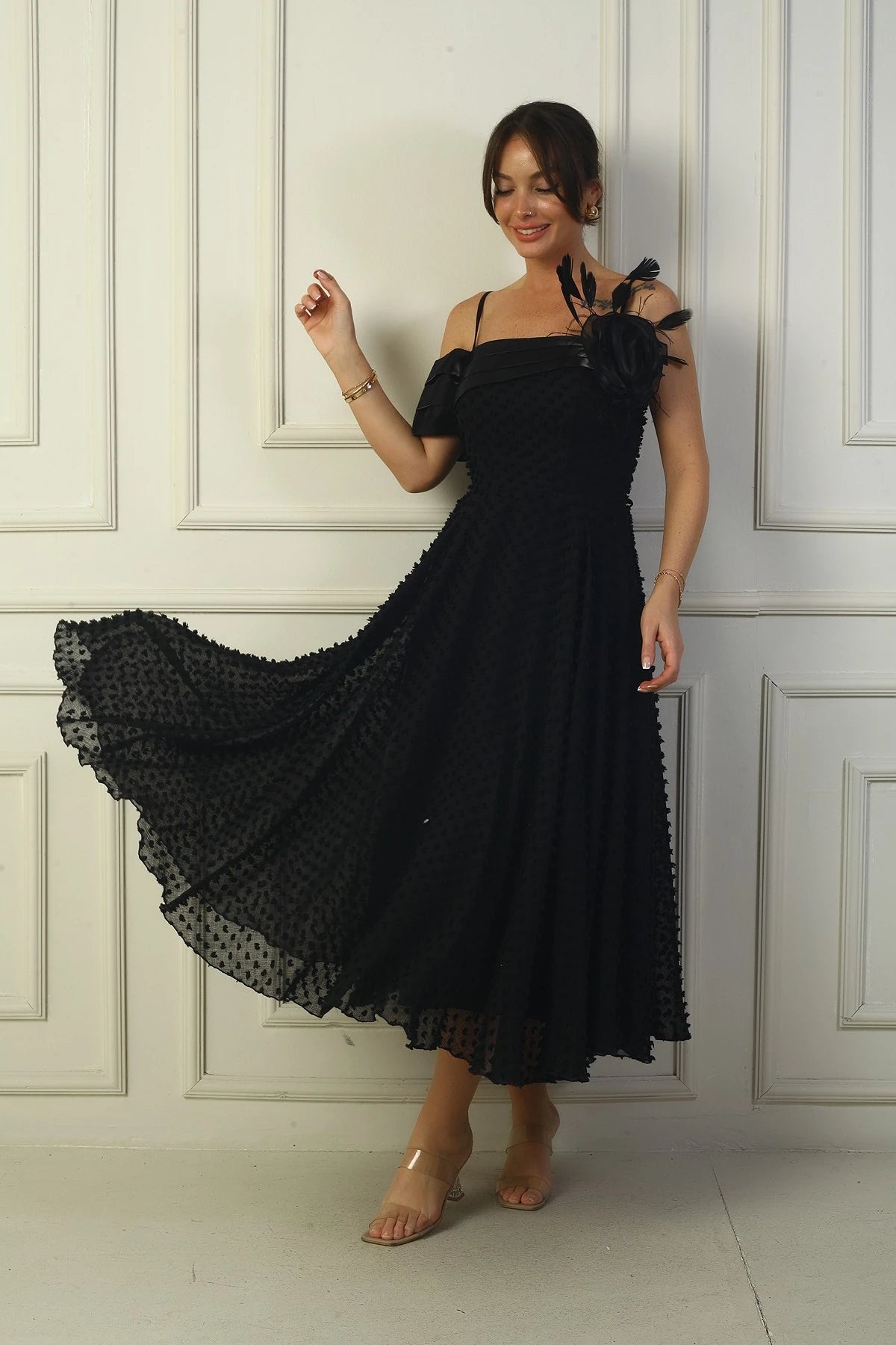 Image of Women's Strappy, Back Lace-Up, Dropped One-Sleeve Dress with Feather Brooch, Lined, and Glossy Fabric.