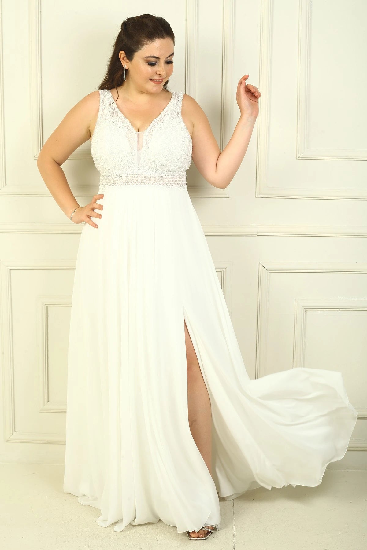 Image of Front and Back V-Neck Top Beaded Floral Motif Lined Long Chiffon Evening Dress