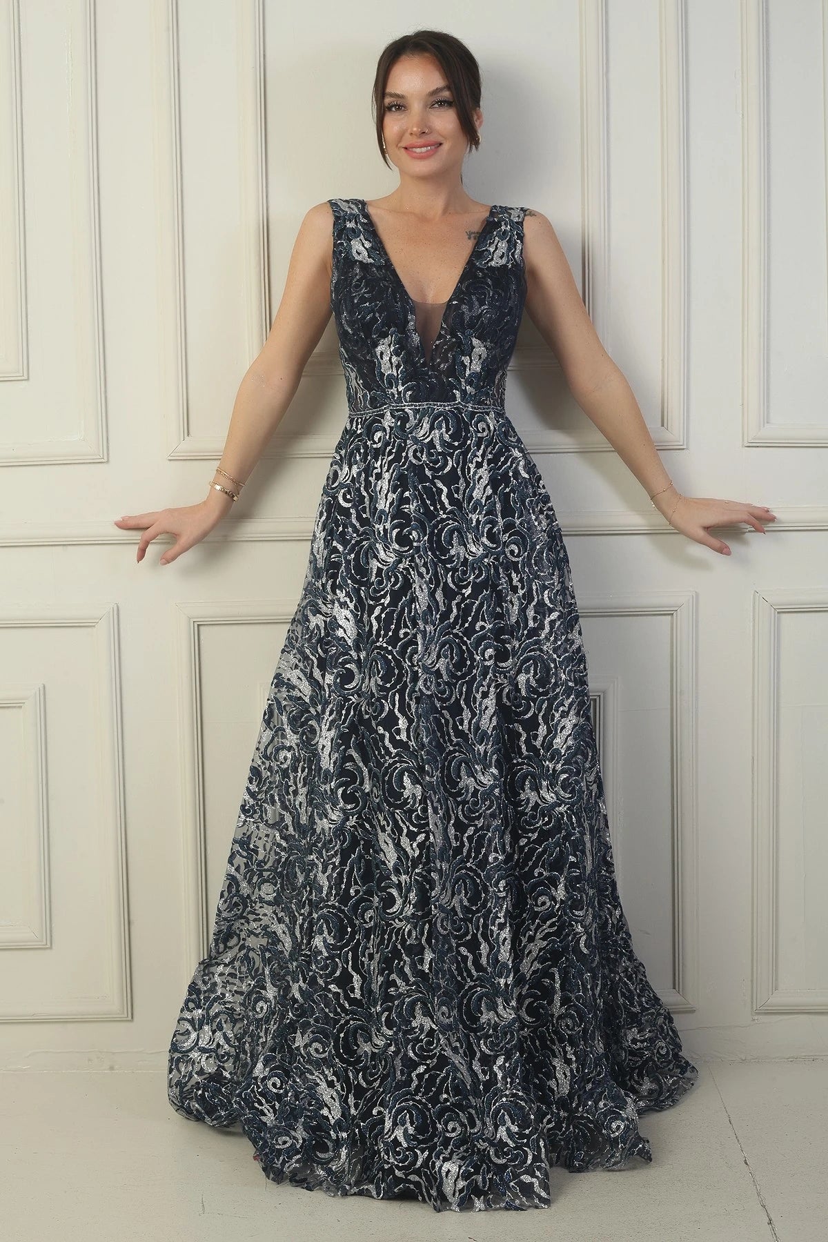 Image of Women's Front and Back V-Neck, Bust Pleat, Back Lace-up, Lined, Glitter Flock Print Long Evening Dress