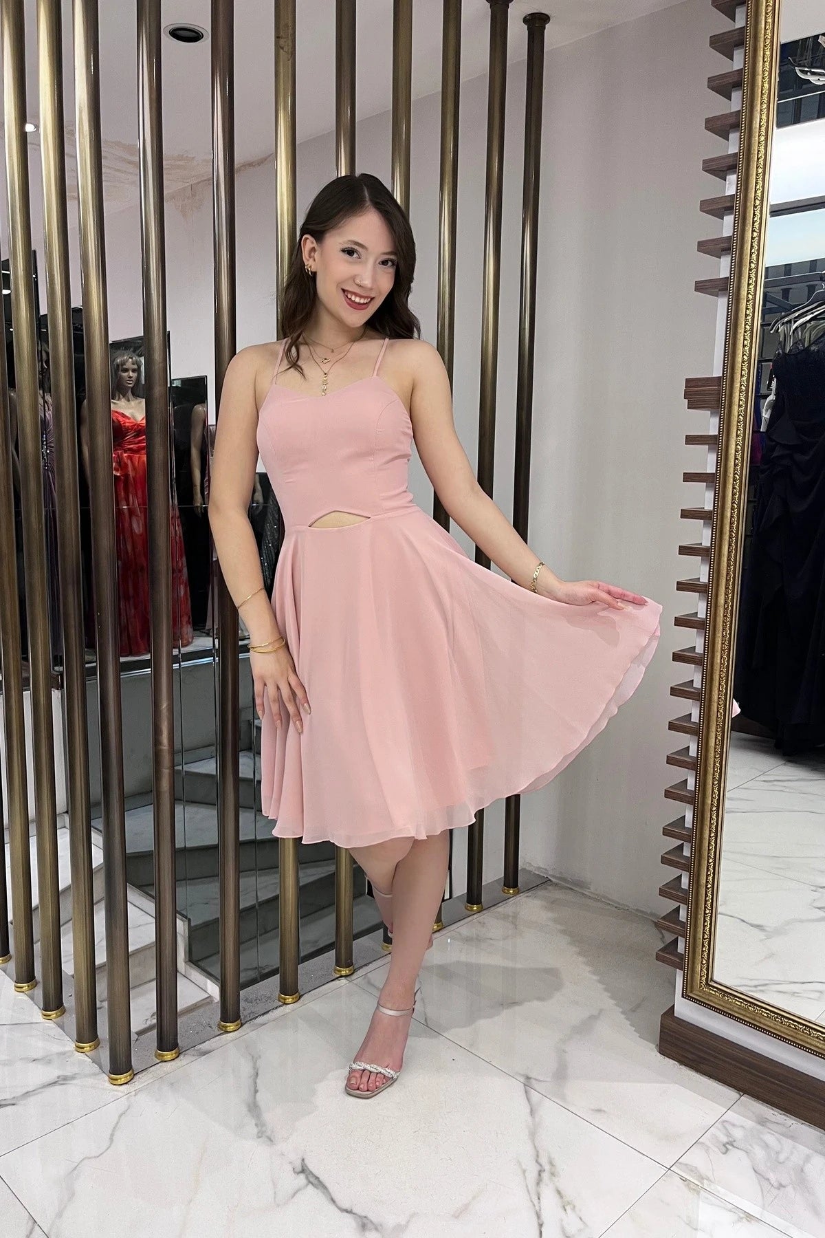 Image of Women's Strappy, Back-Tie, Front-Opening, Lined Chiffon Short Flared Dress