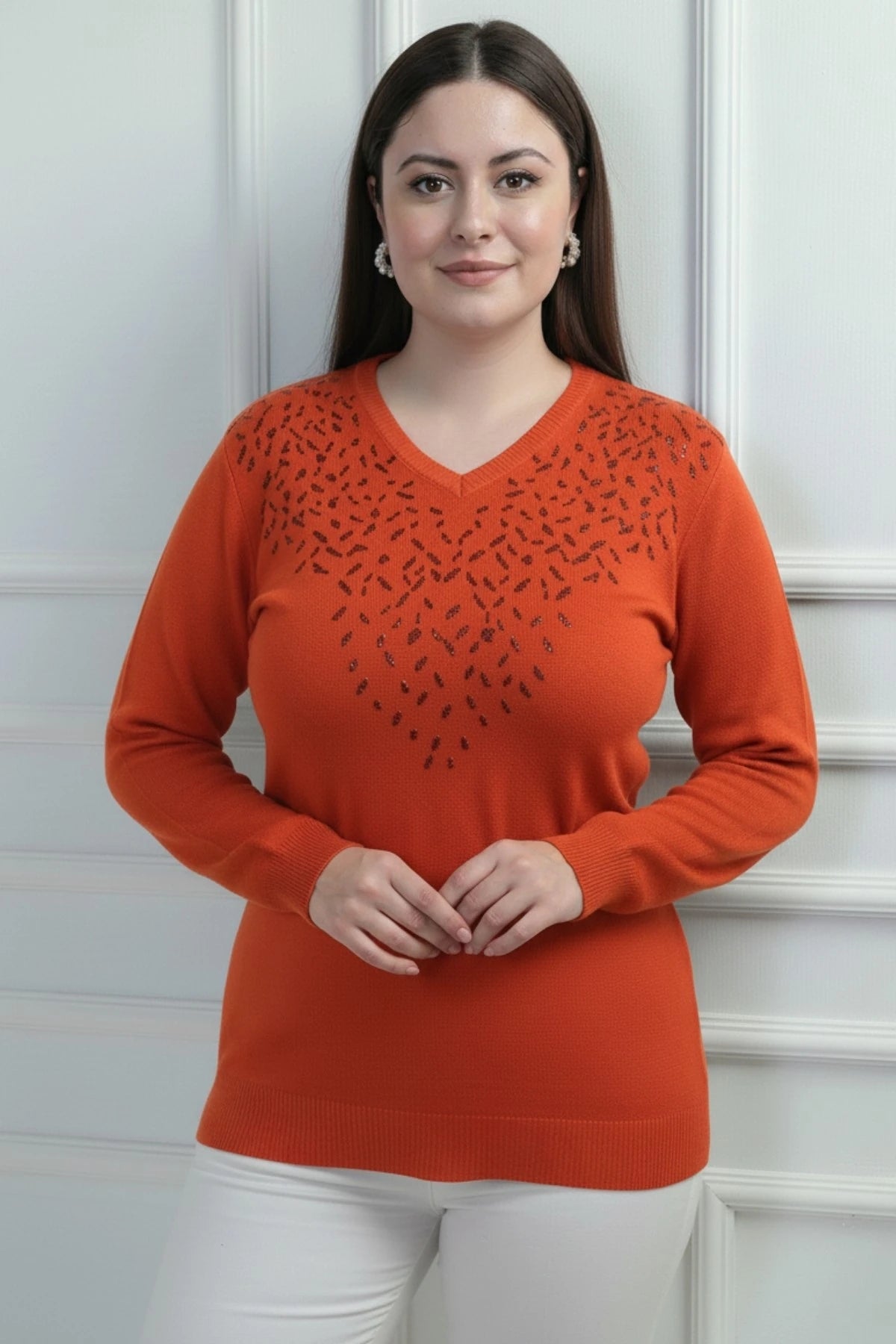 Image of Women's V-Neck Plus Size Knitted Blouse with Glitter Detail on the Front