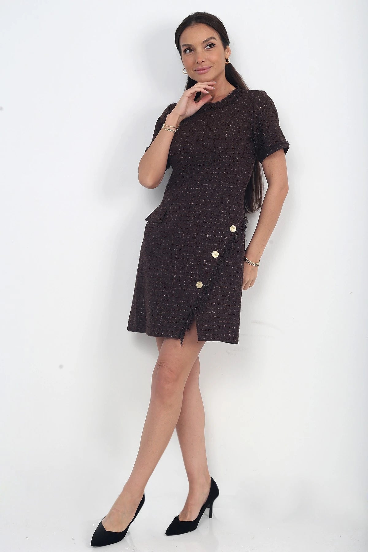 Image of Women's Button Detail Short Sleeve Tassel Chanel Short Dress
