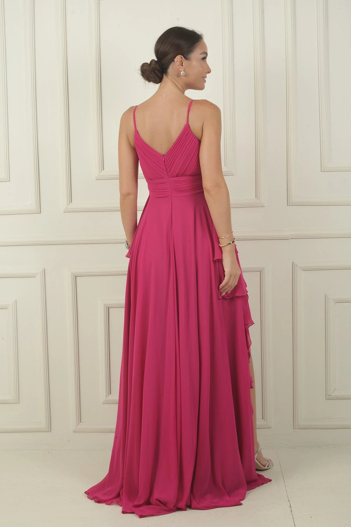 Image of Women's Strappy, Side Slit, Lined, Ruffled Chiffon Long Dress