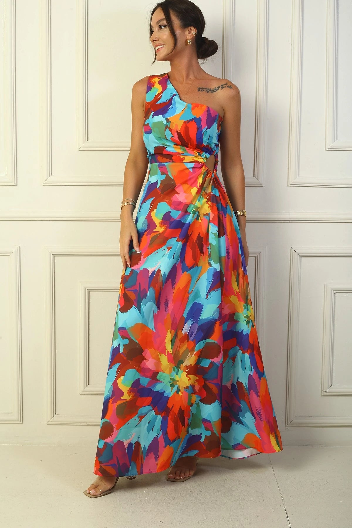 Image of Women's One-Shoulder Side Cutout Multicolored Long Crepe Satin Dress
