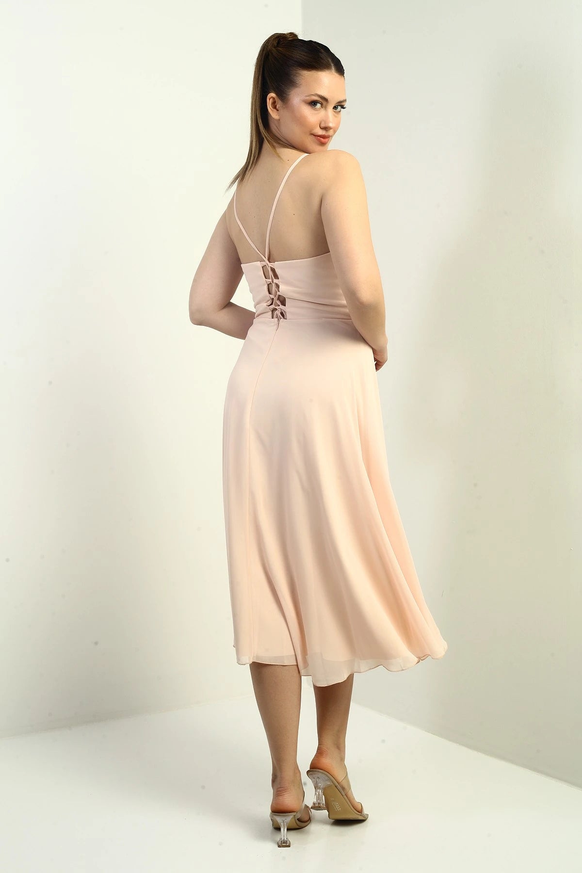 Image of Women's Strappy Wrap Neckline Lined Lace-Up Back Flared Chiffon Dress