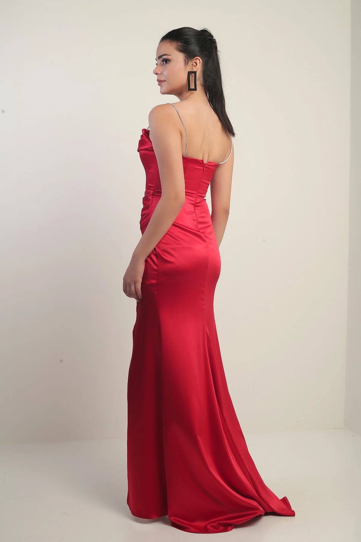 Image of Women's Shiny Strappy Deep Slit Front Gathered Pleated Long Satin Evening Dress