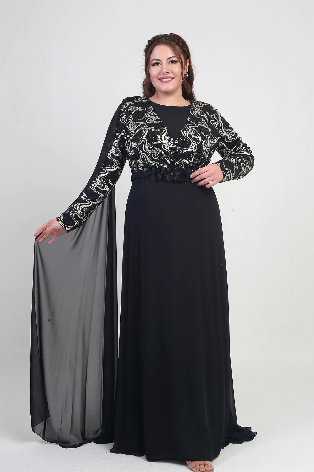 Image of Women's Wrap-Neck Style Sequined Lined Chiffon Long BB Dress
