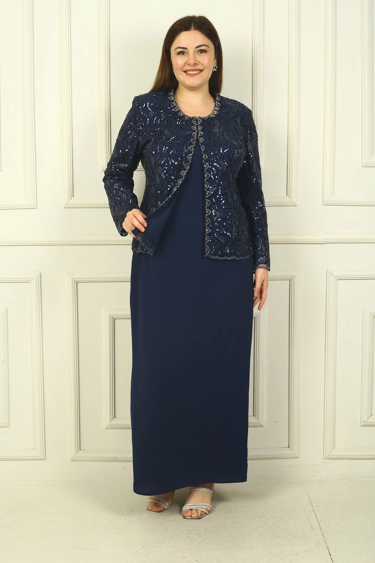 Image of Women's Sequin Embellished Beaded Tulle Jacket, Half-Moon Sleeve Long Dress, Lined Crepe, Plus Size 2-Piece Set