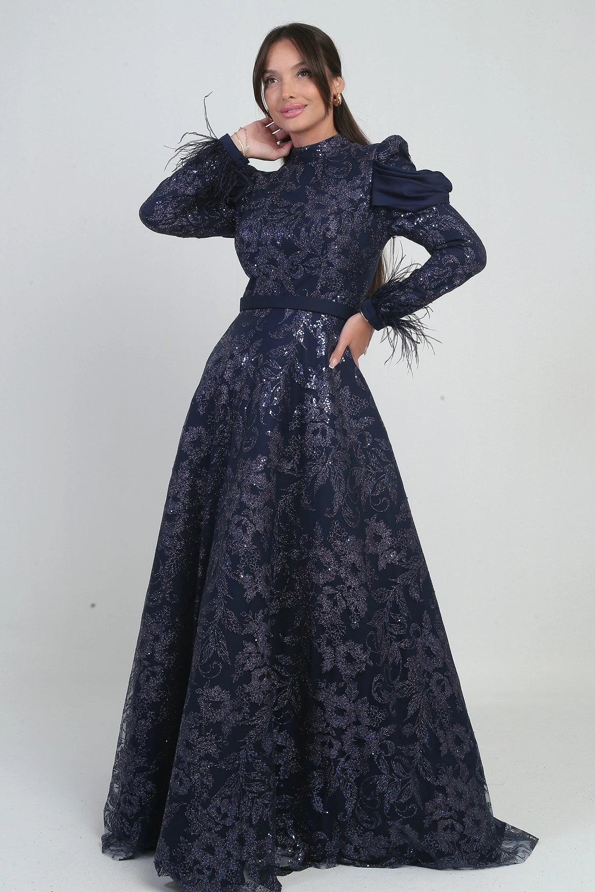 Image of Women's Long Dress with Feathered Sleeves, Beads and Glitter Details, and Lining
