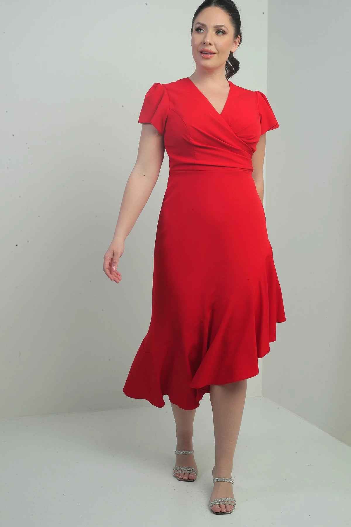 Image of Women's Wrap Neckline Draped Front Lined Ruffled Skirt Plus Size Crepe Dress