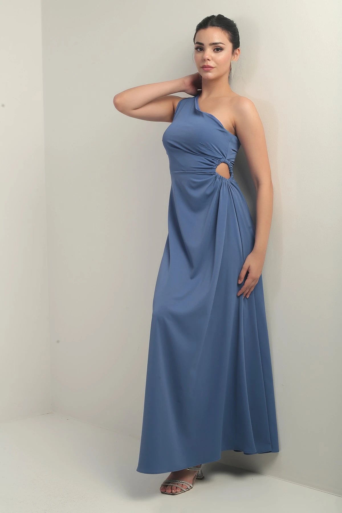 Image of Women's One-Shoulder Long Crepe Satin Dress with Side Window Detail